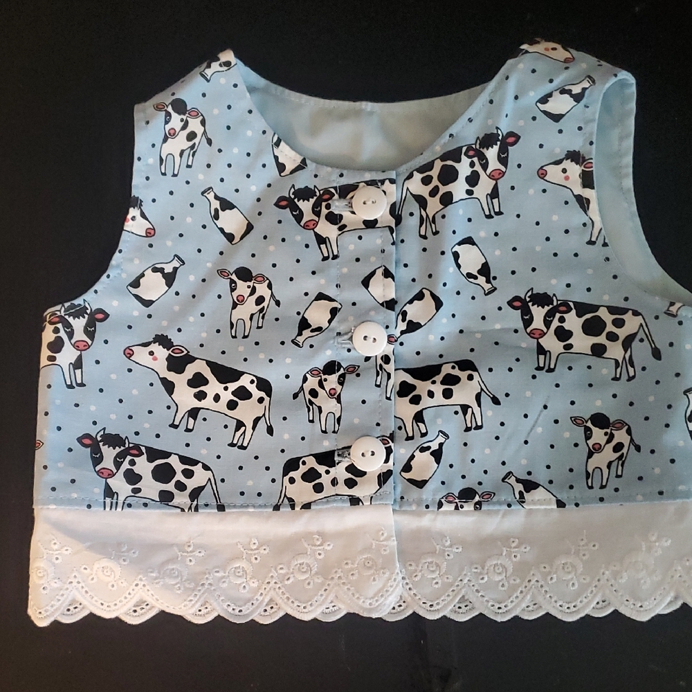 Blue Cow Print Kids Vest with Lace Trim